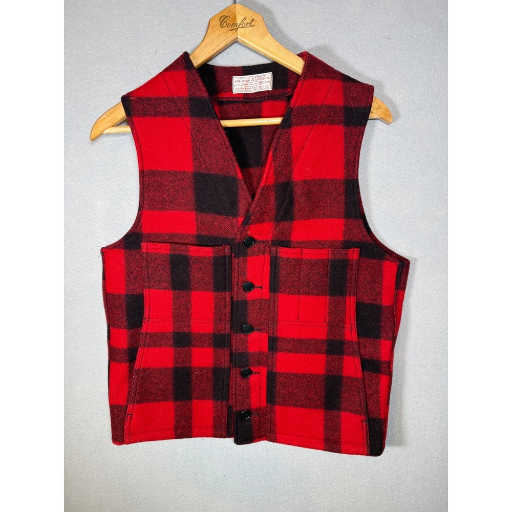 Vintage Filson Mackinaw Wool Vest Red Black Buffalo Plaid Mens Size M Outdoor